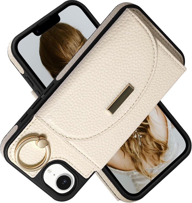 Keallce Wallet Case for iPhone 16e, Flip Case with Card Slots, Ring Holder Kickstand, PU Leather Protective Folio Cover for Women, Beige - Image 1
